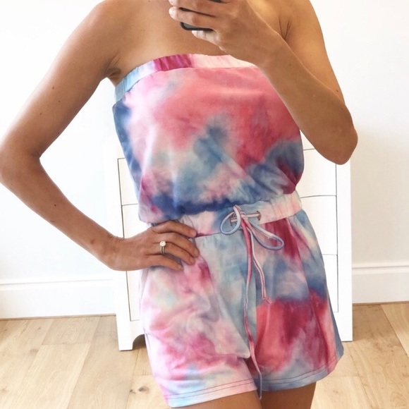 Pink/Blue Tie Dye Strapless Romper / Small - Picture 3 of 6